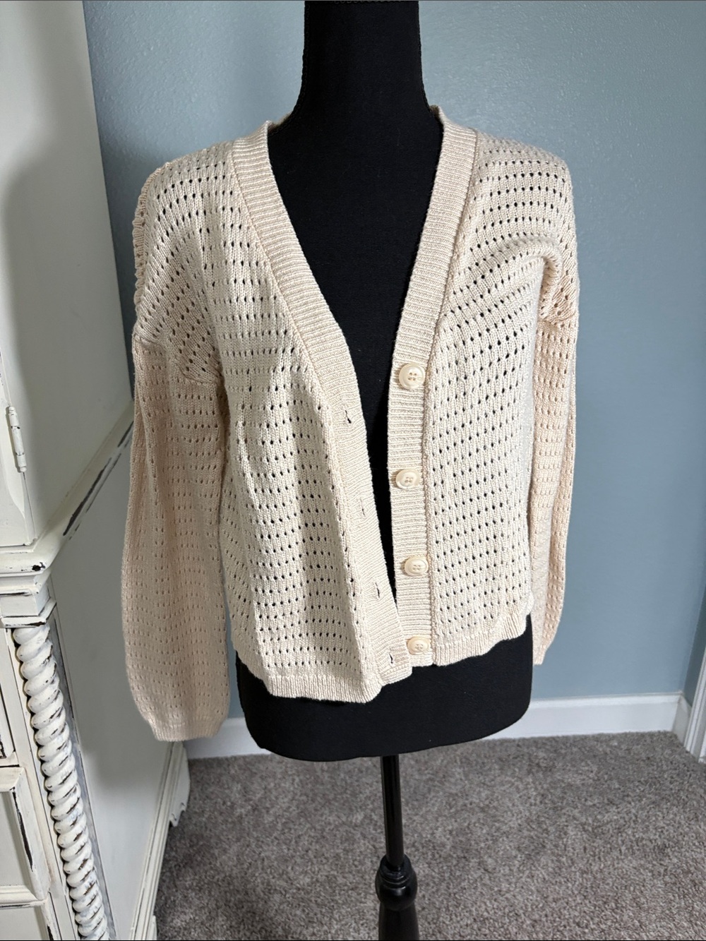 C&C California Cream Open-Weave Button Cardigan